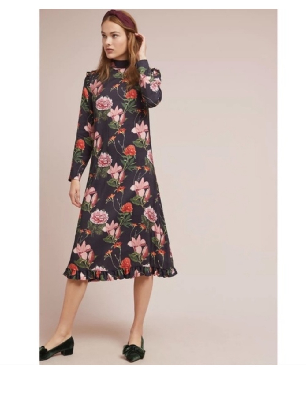 Just Female Anthropologie | Margot Floral Midi Dress Long Sleeves Gray Large